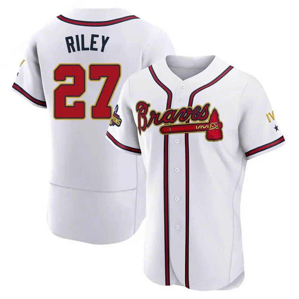 tuec A.Braves #27 Austin Riley Player White&Gold Authentic Program Stitched Jerseys