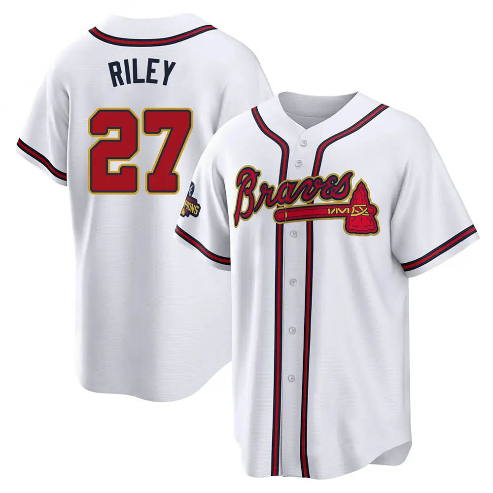 tuec A.Braves #27 Austin Riley Player White&Gold Replica Program Stitched Jerseys