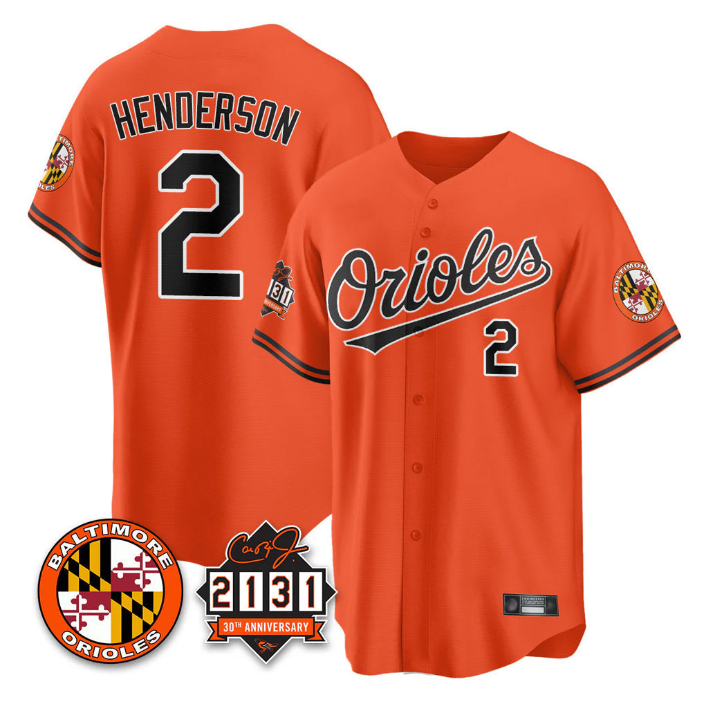 tuec B.Orioles #2 Gunnar Henderson Player Orange 30th Anniversary of 2131 Home Game Stitched Jerseys