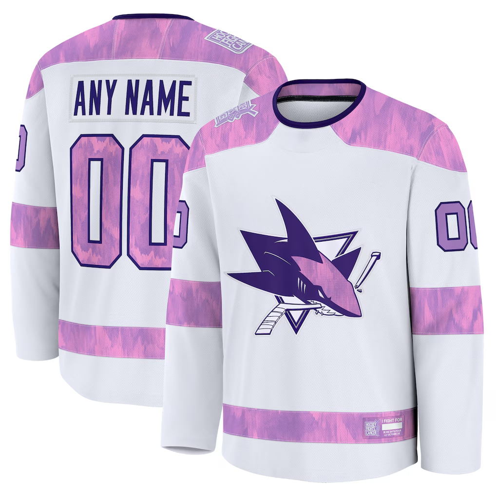 Tuec Custom S.Jose Sharks White 2024 Hockey Fights Cancer Practice Jerseys
