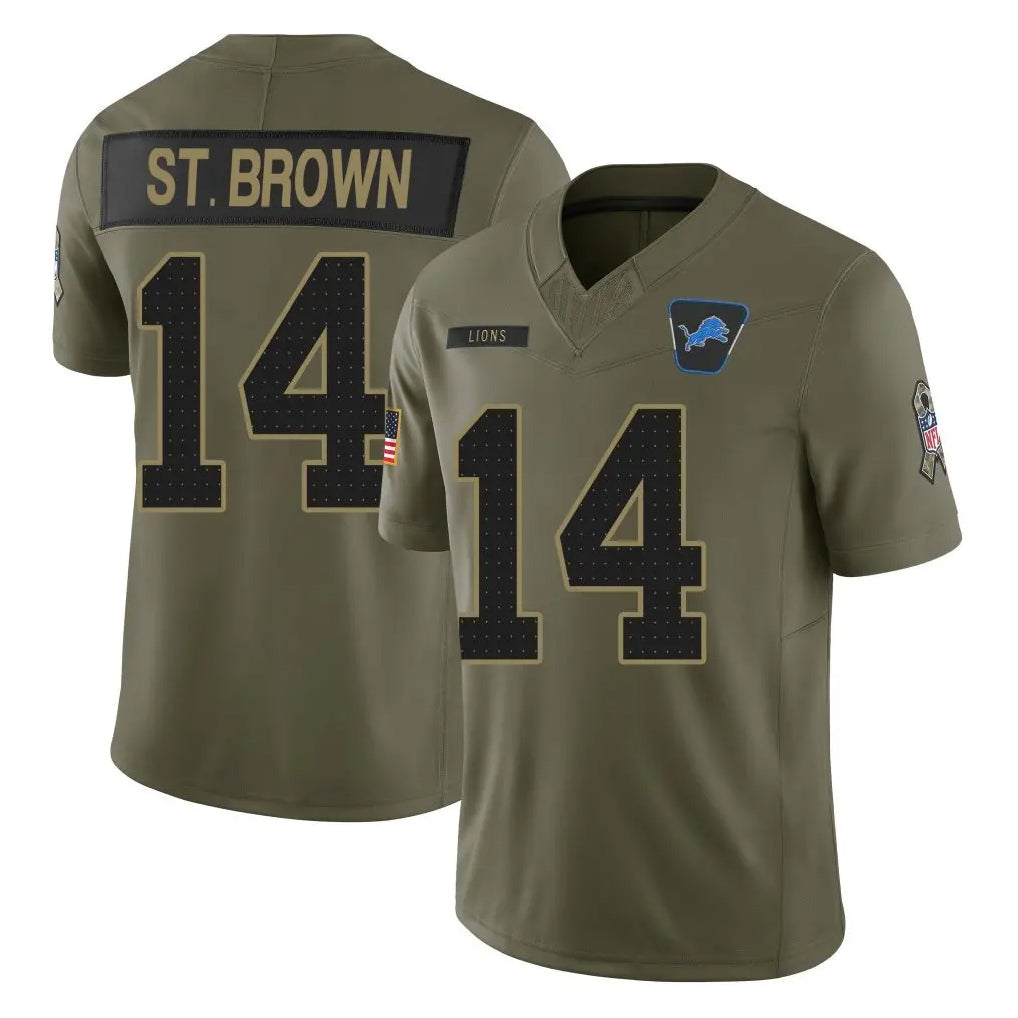 Tuec D.Lions #14 Amon-Ra St. Brown Player Olive 2025 Salute To Service Limited Home Game Stitched Jerseys