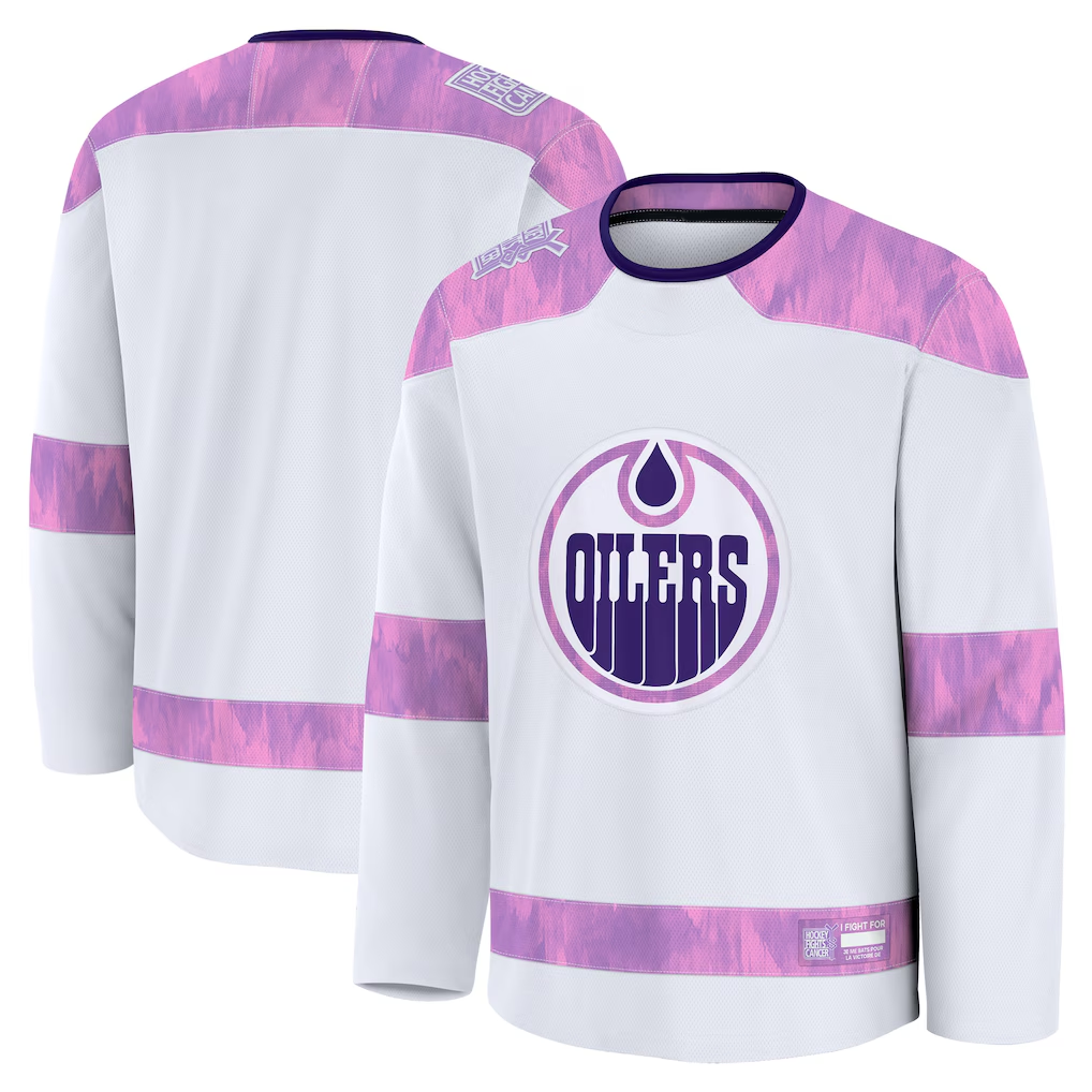 Tuec E.Oilers White 2024 Hockey Fights Cancer Practice Jerseys