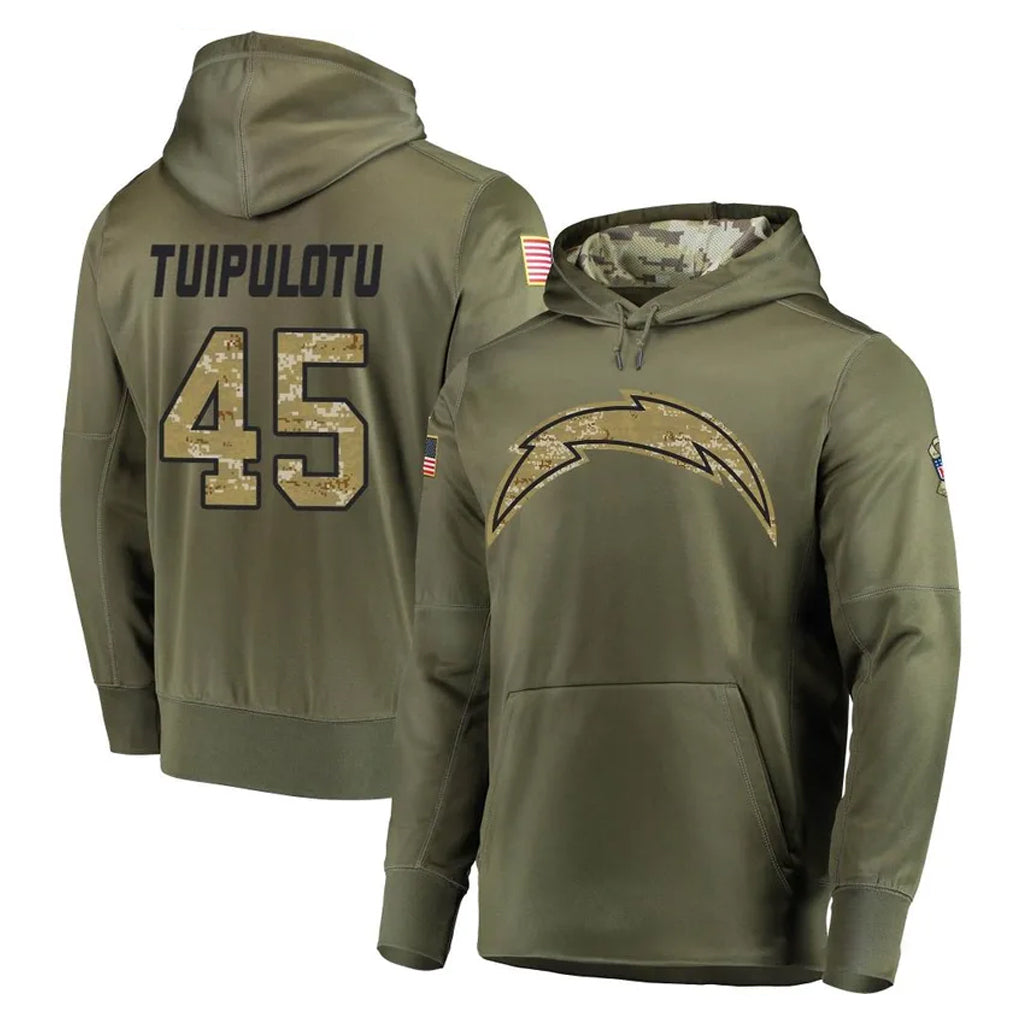 Tuec LA.Chargers #45 Tuli Tuipulotu Player Olive Salute to Service Pullover Hoodies Home Game Stitched Jerseys