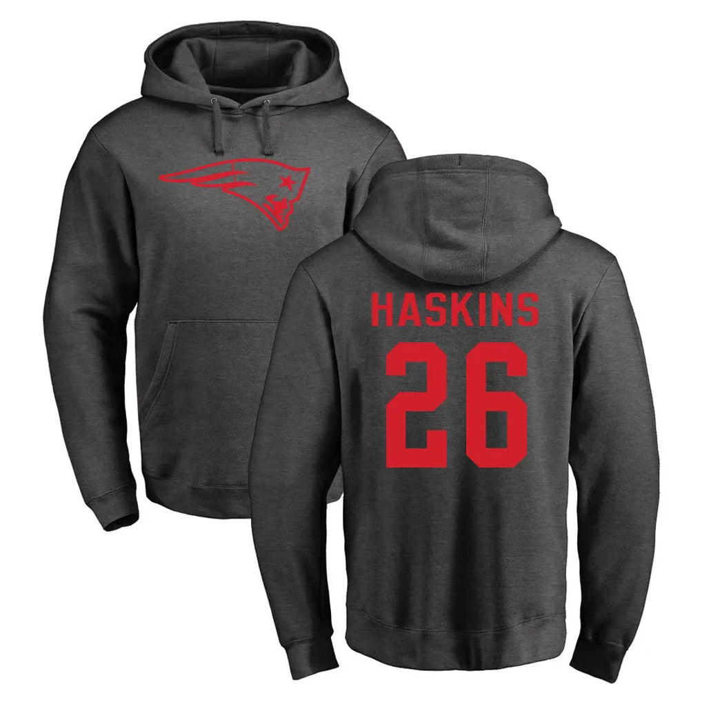 Tuec NE.Patriots #26 Hassan Haskins Player Gray Pullover Hoodies Home Game Stitched Jerseys