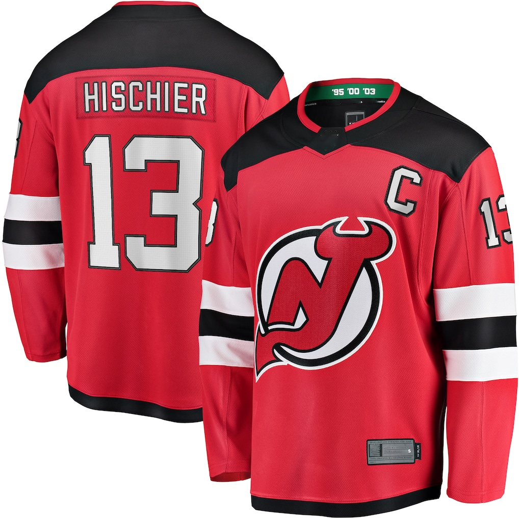 Tuec N.Jersey Devils #13 Nico Hischier Red Captain Patch Home Breakaway Jerseys