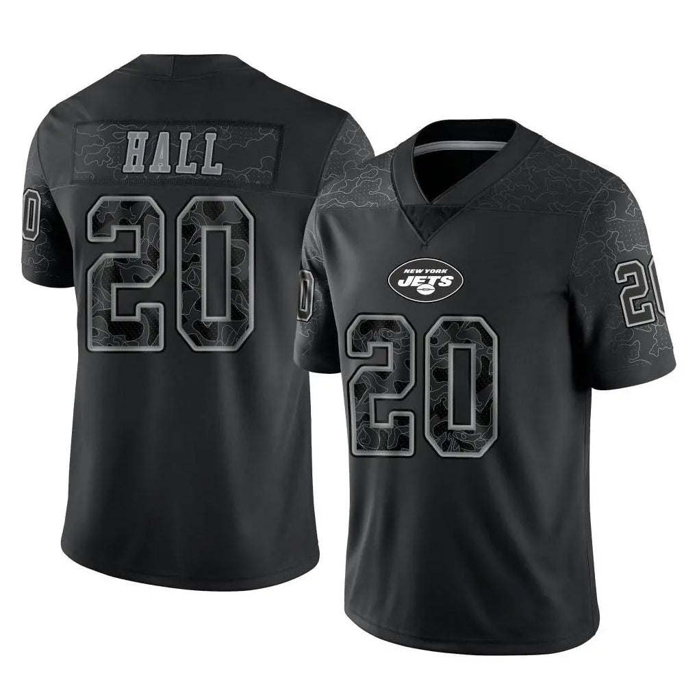 Tuec NY.Jets #20 Breece Hall Player Stealth Black Limited Reflective Home Game Stitched Jerseys