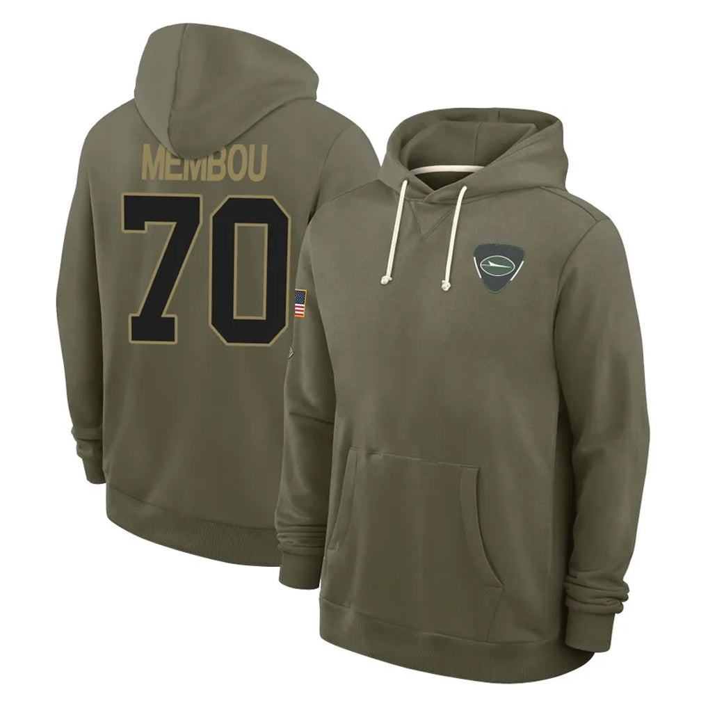 Tuec NY.Jets #70 Armand Membou Player Olive Salute to Service Pullover Hoodies Limited Stitched Jerseys
