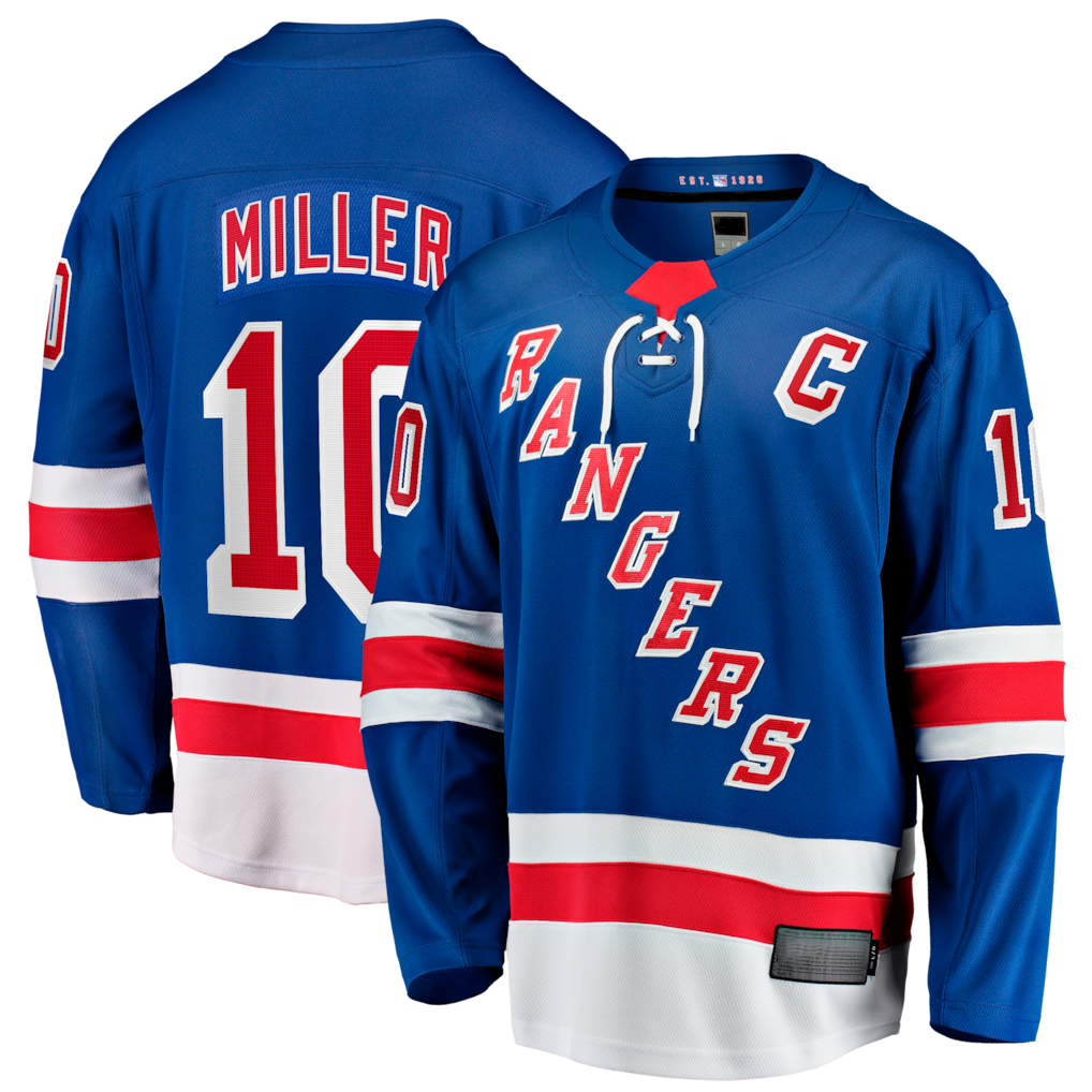 Tuec NY.Rangers #10 JT Miller Blue Home Captain's Patch Breakaway Jerseys