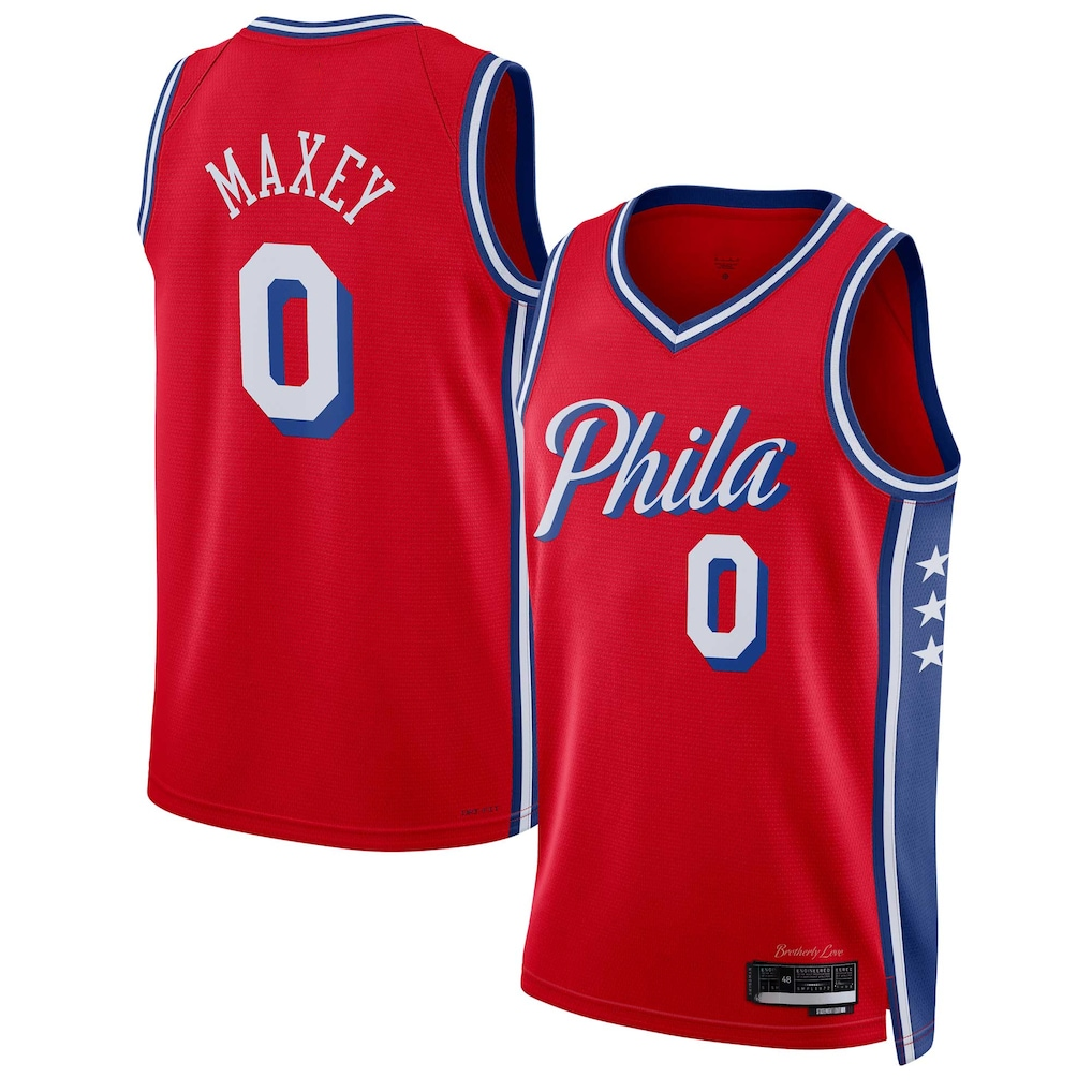 tuec P.76ers #0 Tyrese Maxey  Red Swingman Jerseys - Statement Edition