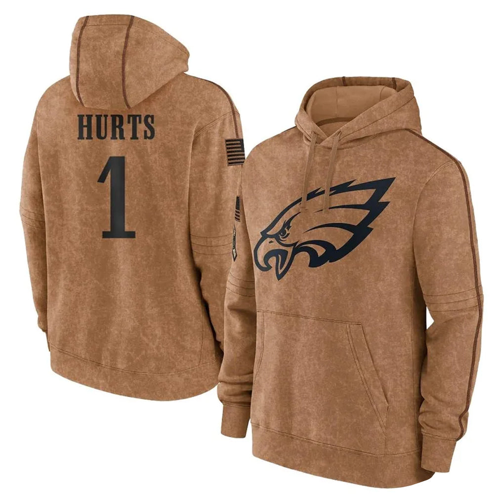 Tuec P.Eagles #1 Jalen Hurts Player Brown Salute to Service Pullover Hoodies Limited Game Stitched Jerseys