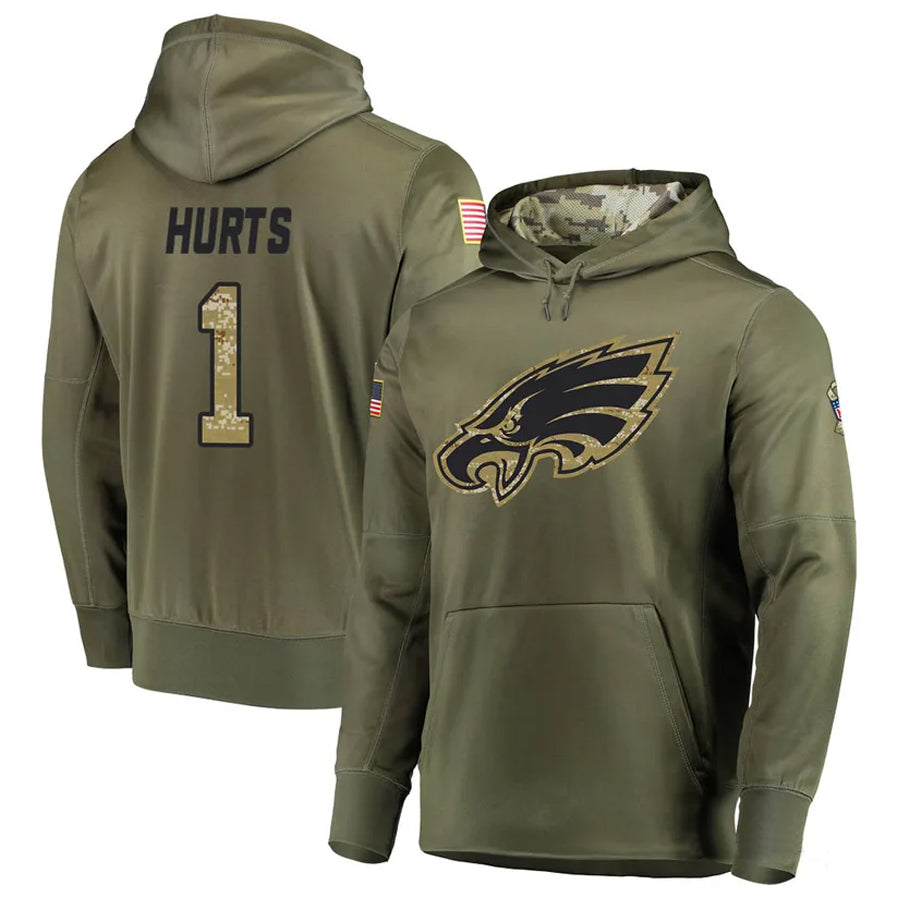 tuec P.Eagles #1 Jalen Hurts Player Military Hoodie Salute To Service Olive Stitched Jerseys