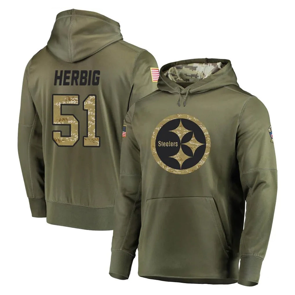 Tuec P.Steelers #51 Nick Herbig Player Olive Salute to Service Pullover Hoodie Home Game Stitched Jerseys