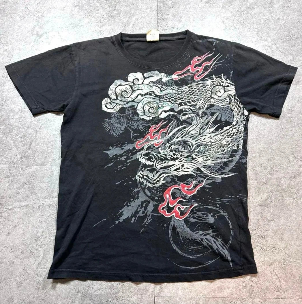 Cheap T-shirt Jerseys Japanese Y2K Retro Dragon Pattern T-shirt Men Women Tide Short Sleeves Summer Pure Cotton Tops