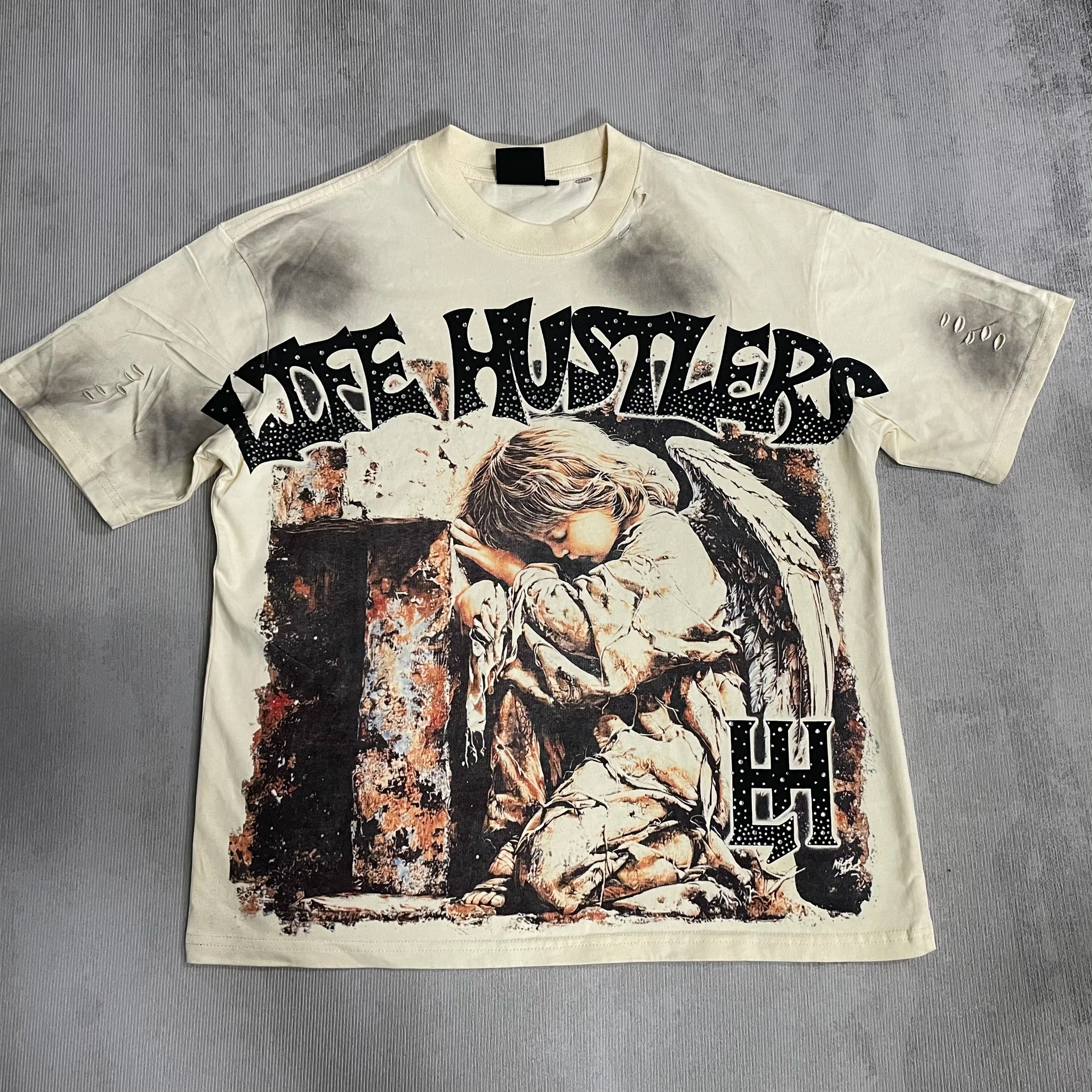 Cheap T-shirt Jerseys New fashion brand LIFE HUSTLERS Y2K hot stamping hole Men Women T-shirt Streetwear 100% Cotton Loose Round Neck Top Tees