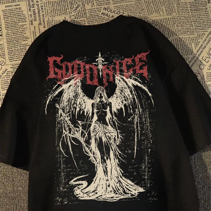 Cheap T-shirt Jerseys 2025 New Heavy Short-sleeved T-shirt American Retro Sword-wielding Angel Printed Short-sleeved Men's and Women's Loose Top