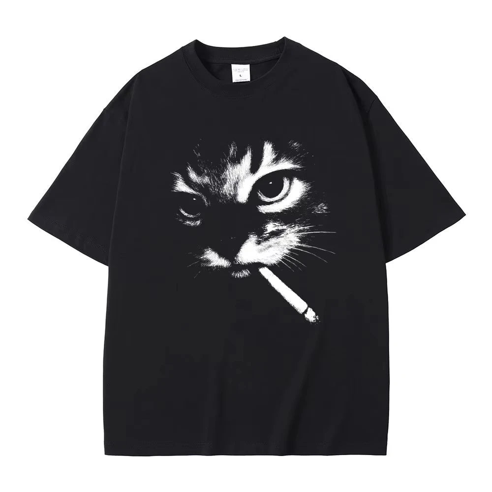 Cheap T-shirt Jerseys Funny Meme Smoking Cat Face Graphic T-shirts Men Women Casual Cotton Vintage T Shirts Men's Oversized T-shirts Cats Lovers Gifts
