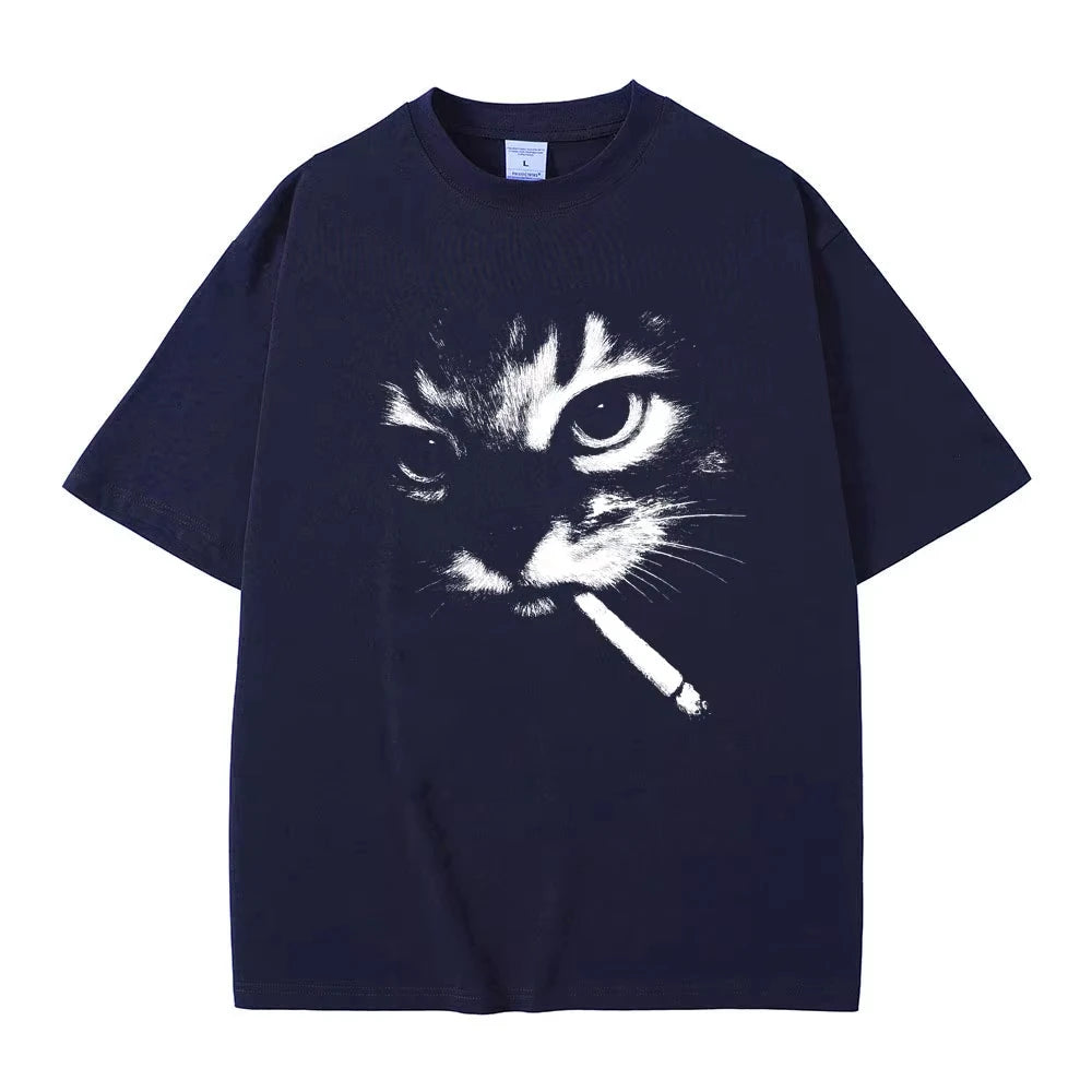 Cheap T-shirt Jerseys Funny Meme Smoking Cat Face Graphic T-shirts Men Women Casual Cotton Vintage T Shirts Men's Oversized T-shirts Cats Lovers Gifts