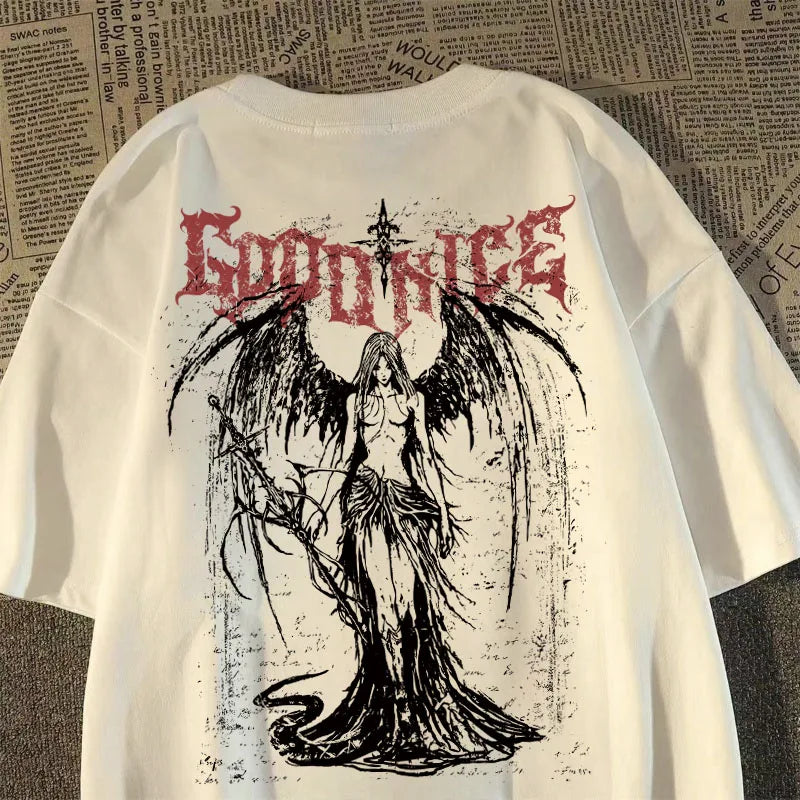Cheap T-shirt Jerseys 2025 New Heavy Short-sleeved T-shirt American Retro Sword-wielding Angel Printed Short-sleeved Men's and Women's Loose Top