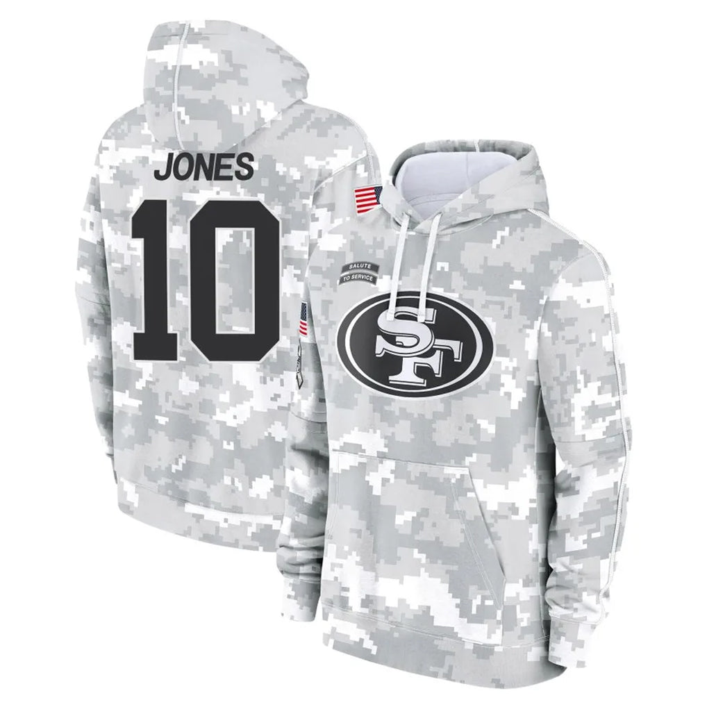 Tuec SF.49ers #10 Mac Jones Player Arctic Camo Limited Salute to Service Pullover Hoodies Game Stitched Jerseys
