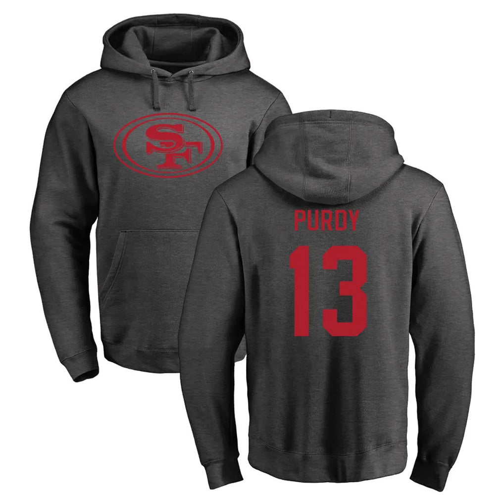 Tuec SF.49ers #13 Brock Purdy Player Anthracite Pullover Hoodies Home Game Stitched Jerseys