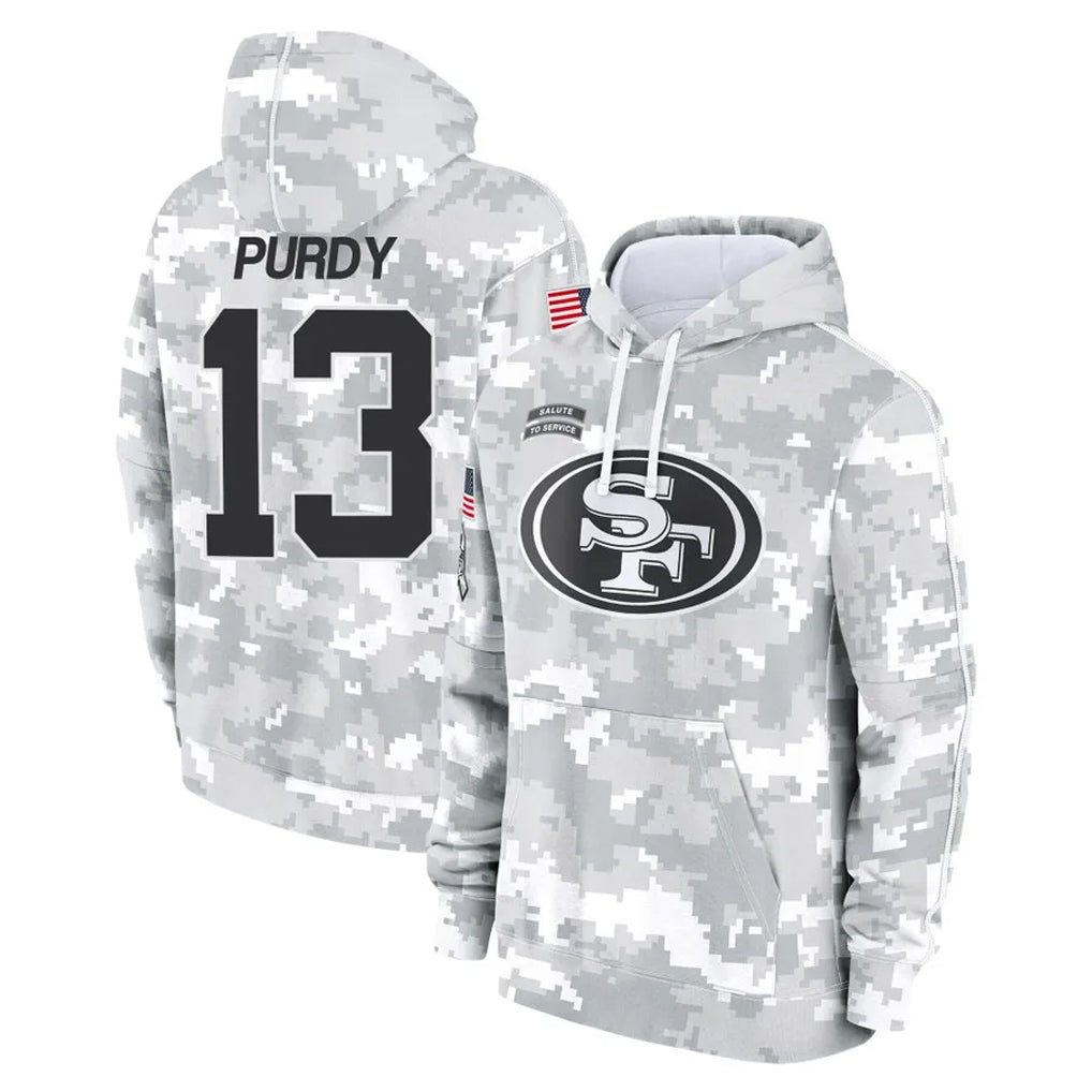 Tuec SF.49ers #13 Brock Purdy Player Arctic Camo Limited Salute to Service Pullover Hoodies Game Stitched Jerseys
