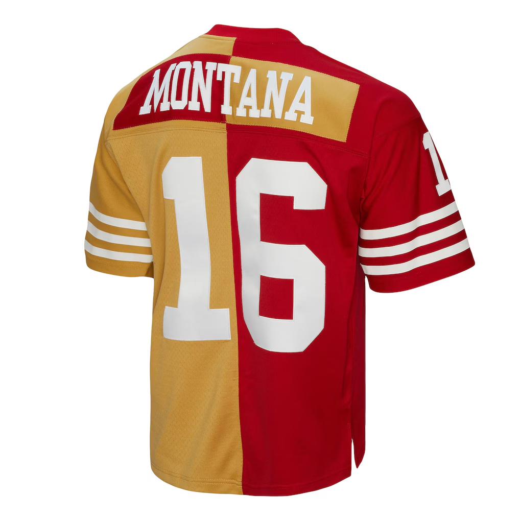 Tuec SF.49ers #16 Joe Montana Mitchell & Ness ScarletGold 1990 Split Legacy Replica Jersey