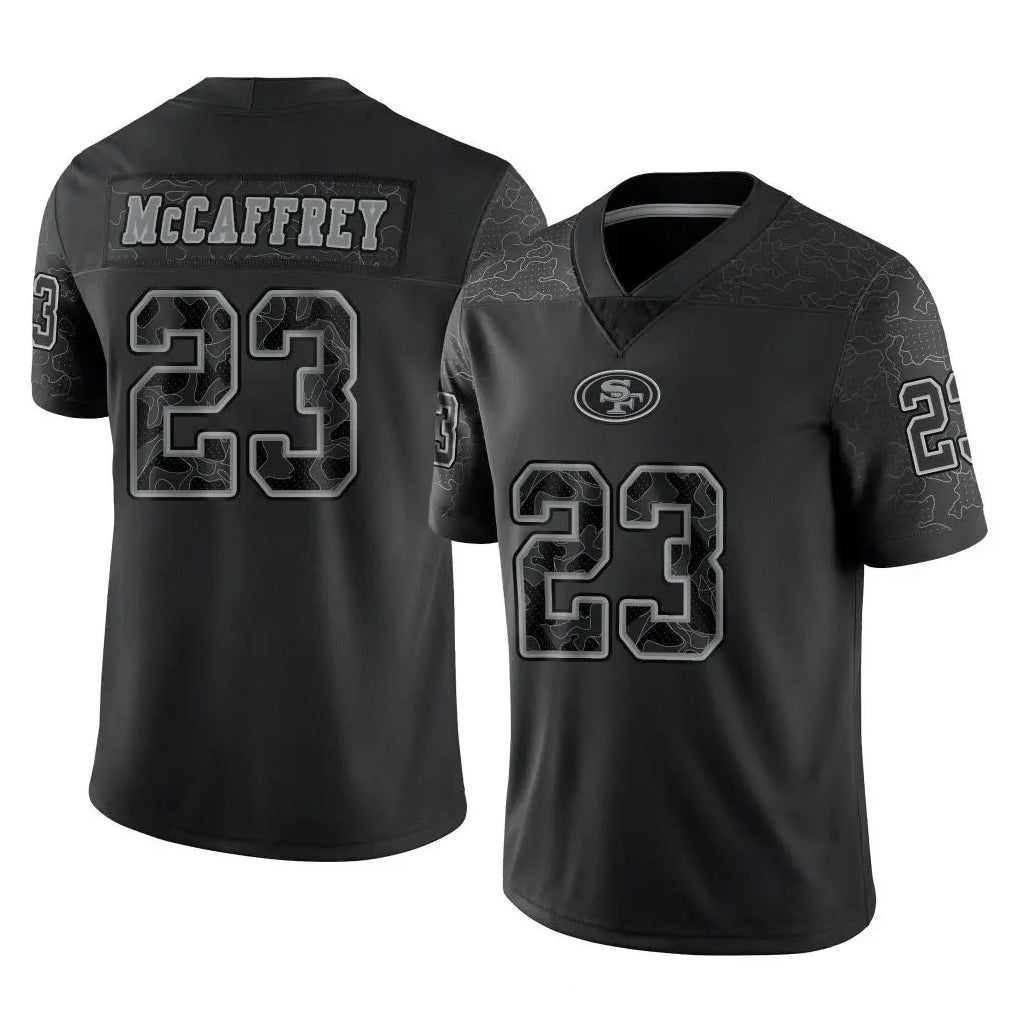Tuec SF.49ers #23 Christian McCaffrey Player Black Limited Reflective Home Game Stitched Jerseys