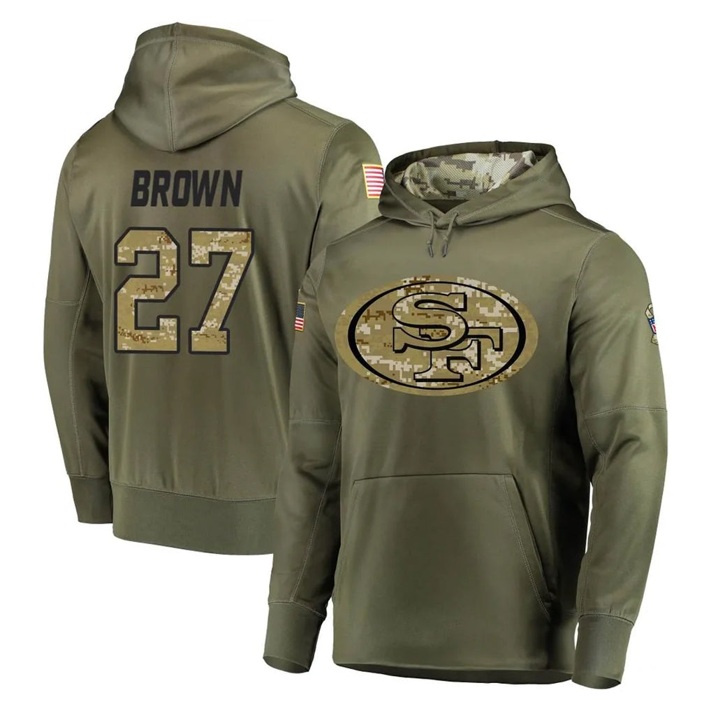 Tuec SF.49ers #27 Ji'Ayir Brown Player Olive Salute to Service Pullover Hoodie Home Game Stitched Jerseys