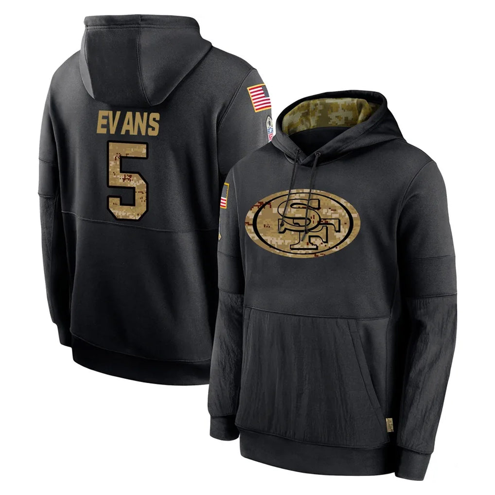 Tuec SF.49ers #5 Mike Evans Player Black Salute to Service Sideline Performance Pullover Hoodies Home Game Stitched Jerseys