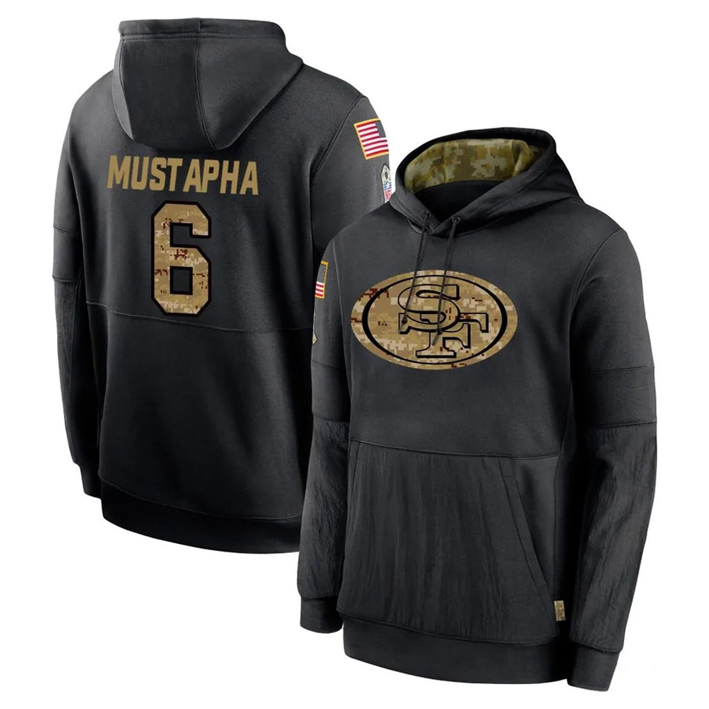 Tuec SF.49ers #6 Malik Mustapha Player Black Salute to Service Sideline Performance Pullover Hoodies Home Game Stitched Jerseys