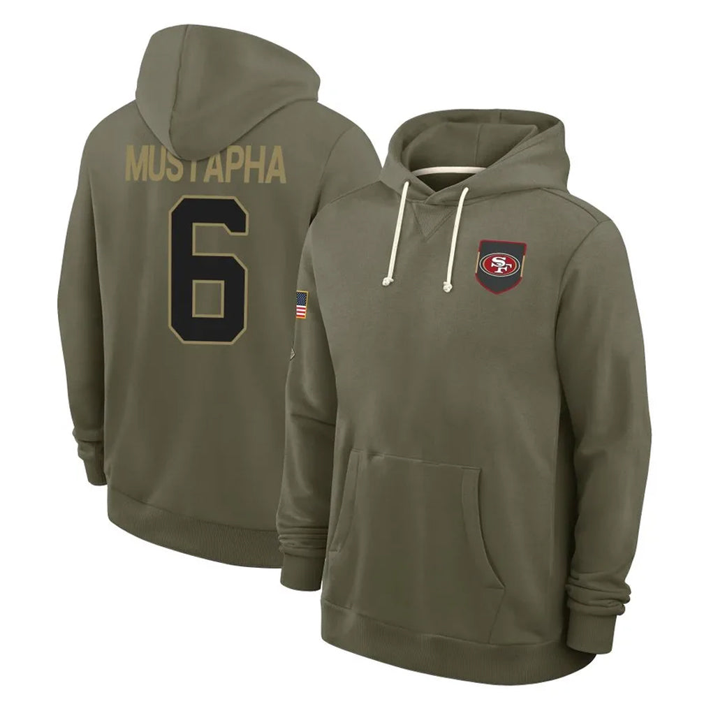 Tuec SF.49ers #6 Malik Mustapha Player Olive Salute to Service Pullover Hoodies Limited Stitched Jerseys