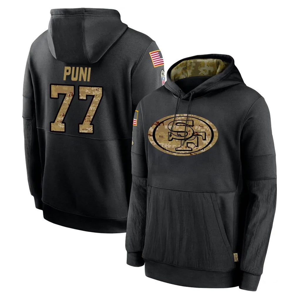 Tuec SF.49ers #77 Dominick Puni Player Black Salute to Service Sideline Performance Pullover Hoodies Home Game Stitched Jerseys