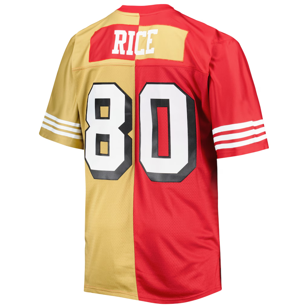 Tuec SF.49ers #80 Jerry Rice Mitchell & Ness ScarletGold Big & Tall Split Legacy Retired Player Replica Jersey