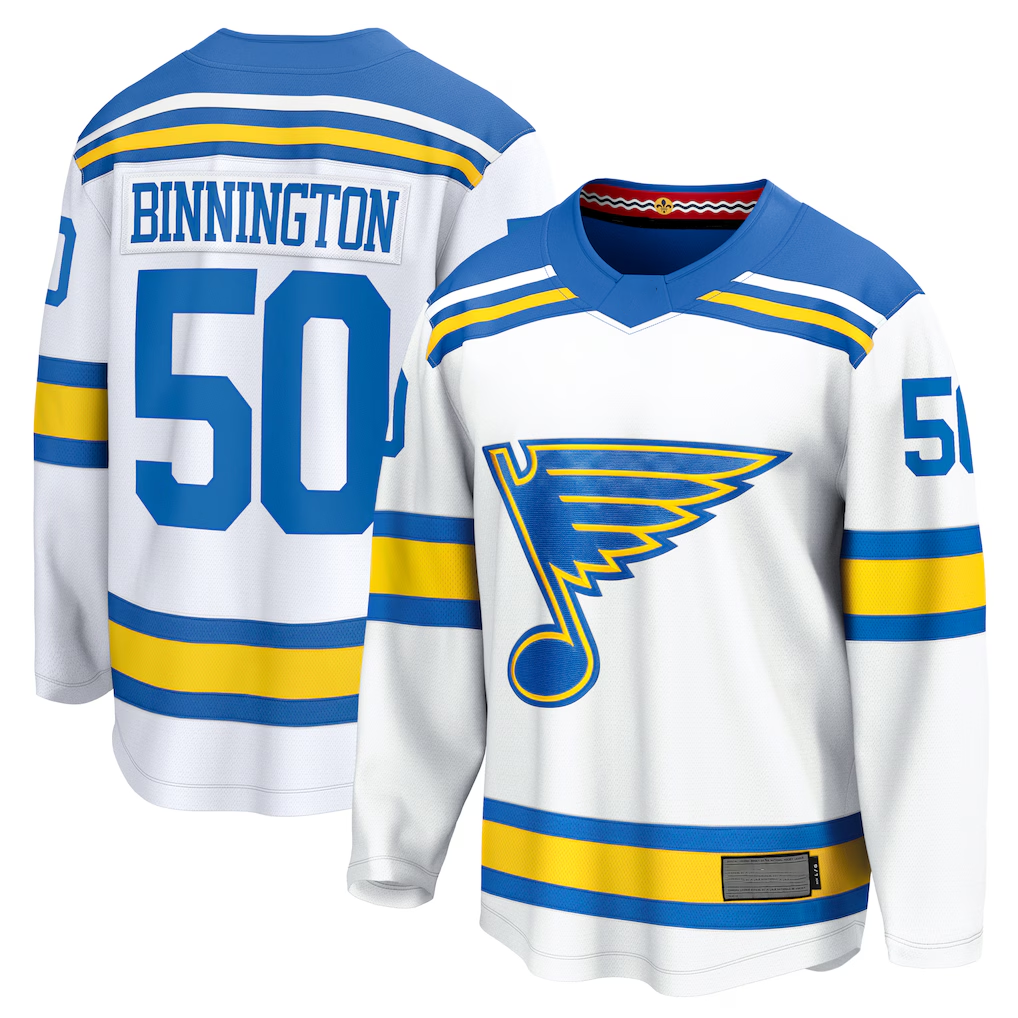 Tuec St.L.Blues #50 Jordan Binnington White Away Breakaway Player Jerseys