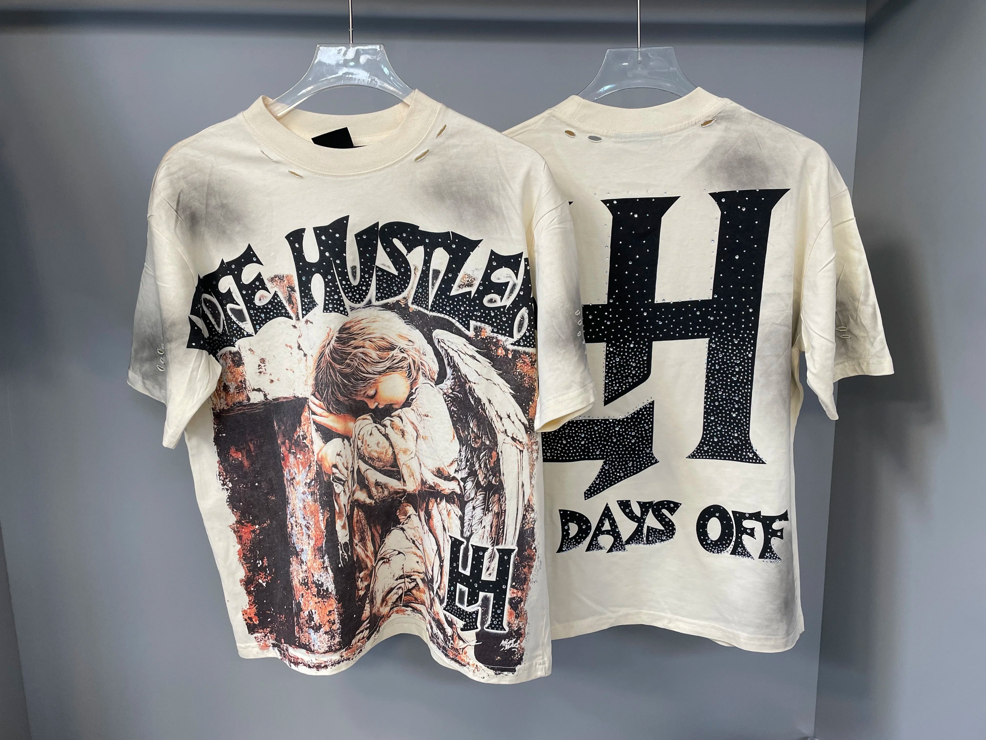 Cheap T-shirt Jerseys New fashion brand LIFE HUSTLERS Y2K hot stamping hole Men Women T-shirt Streetwear 100% Cotton Loose Round Neck Top Tees