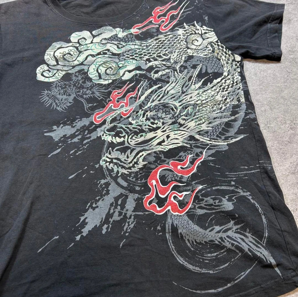 Cheap T-shirt Jerseys Japanese Y2K Retro Dragon Pattern T-shirt Men Women Tide Short Sleeves Summer Pure Cotton Tops