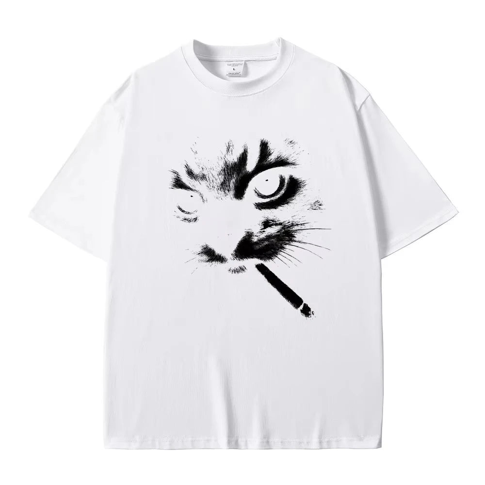 Cheap T-shirt Jerseys Funny Meme Smoking Cat Face Graphic T-shirts Men Women Casual Cotton Vintage T Shirts Men's Oversized T-shirts Cats Lovers Gifts