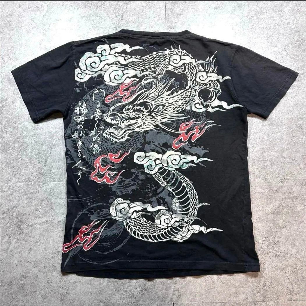 Cheap T-shirt Jerseys Japanese Y2K Retro Dragon Pattern T-shirt Men Women Tide Short Sleeves Summer Pure Cotton Tops