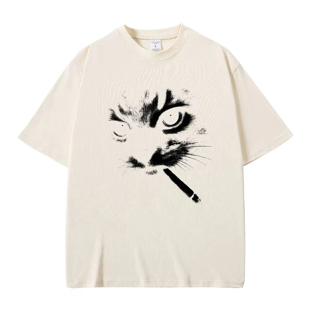 Cheap T-shirt Jerseys Funny Meme Smoking Cat Face Graphic T-shirts Men Women Casual Cotton Vintage T Shirts Men's Oversized T-shirts Cats Lovers Gifts