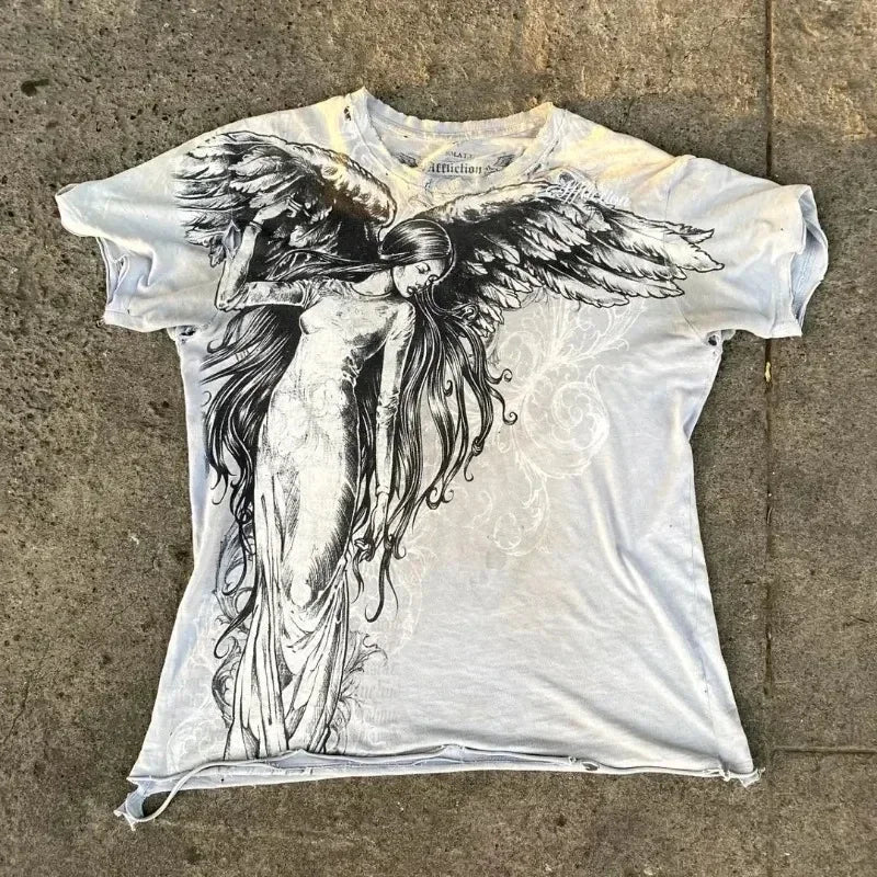 Cheap T-shirt Jerseys 91s High Street Shirts Women Graphic Print Oversized T Shirt Harajuku Gothic Round Neck Cotton Short Sleeve Tops New