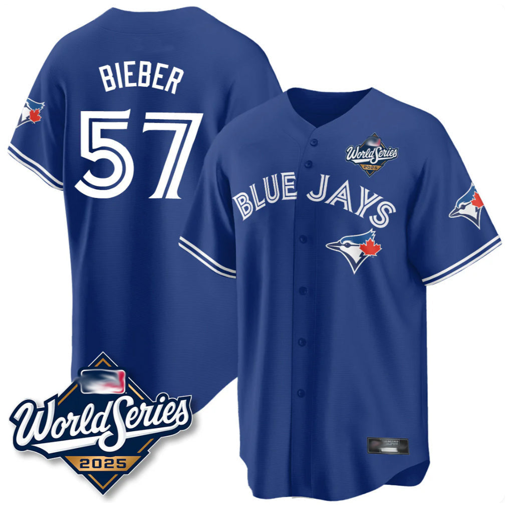 tuec T.Blue Jays #57 Shane Bieber Player Royal 2025 World Series All Stitched Jerseys