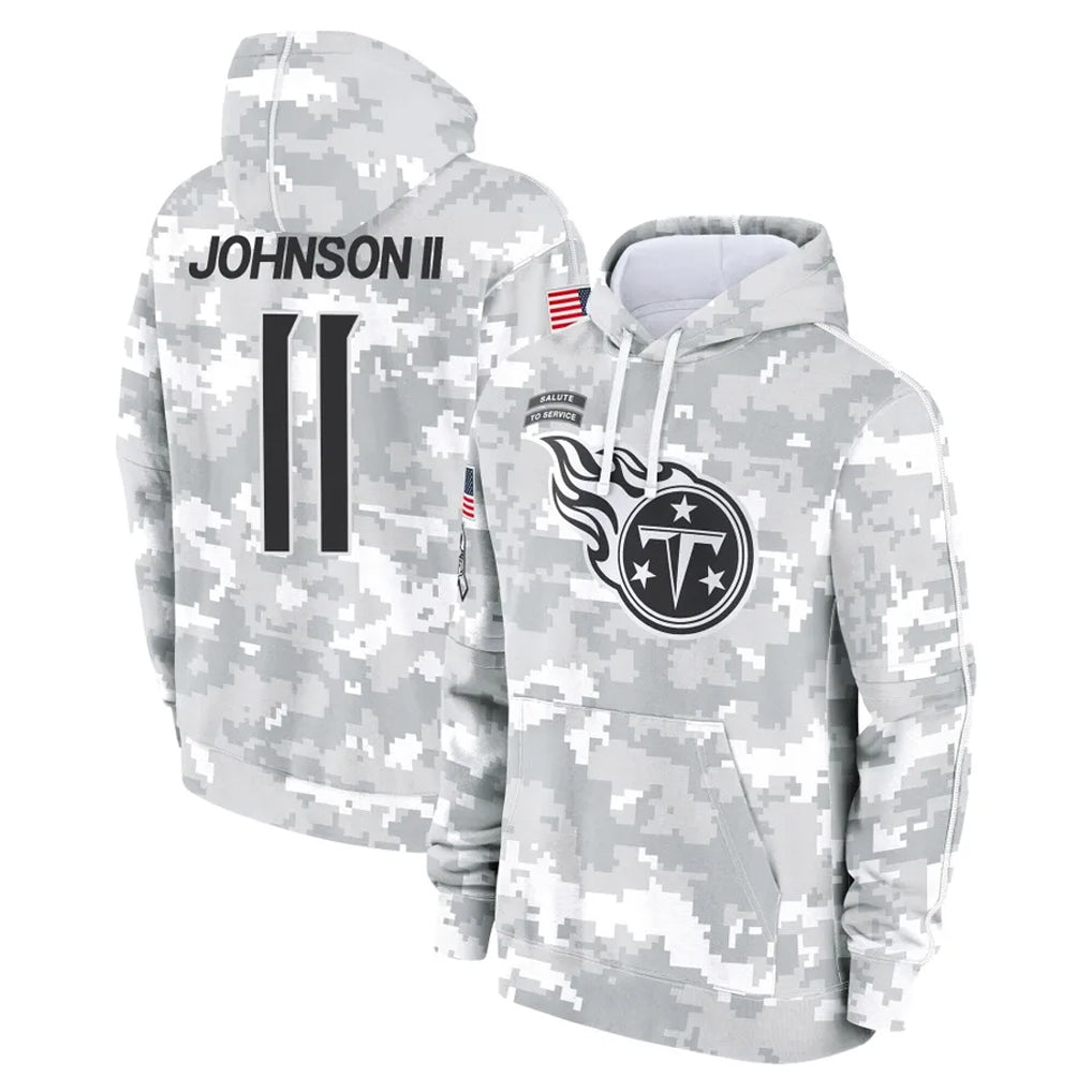 Tuec T.Titans #11 Jermaine Johnson II Player Camo Arctic Salute to Service Pullover Hoodies Home Game Stitched Jerseys