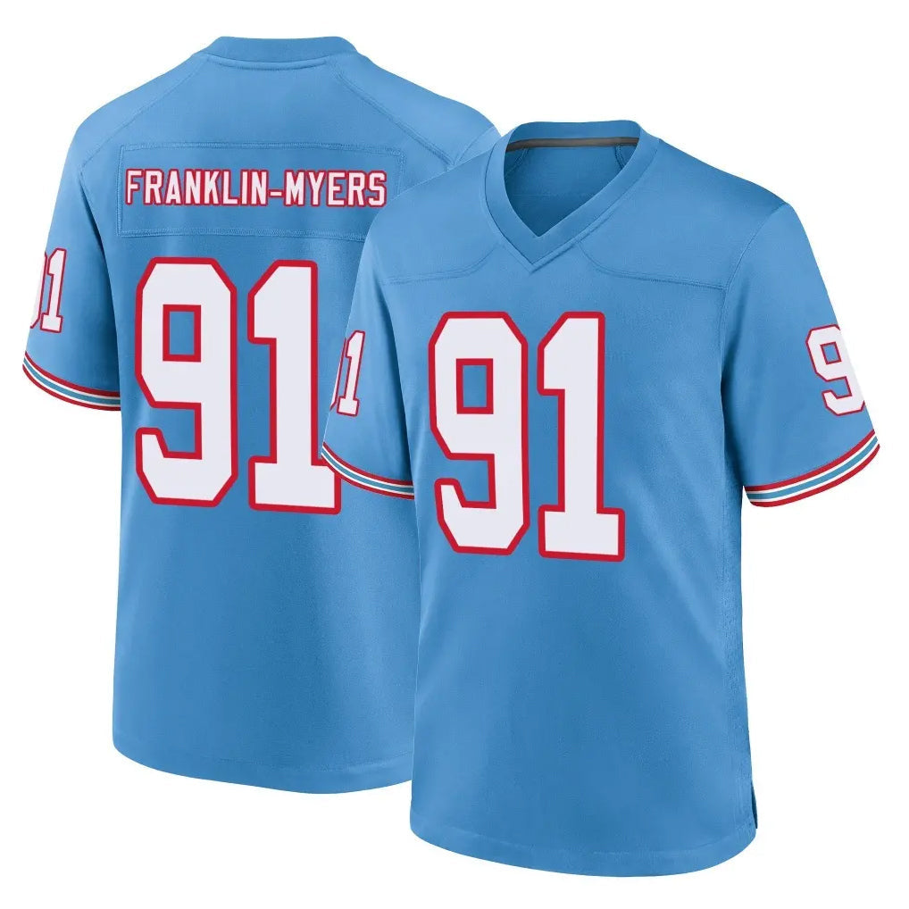 Tuec T.Titans #91 John Franklin-MyersPlayer Light Blue Oilers Throwback Home Game Stitched Jerseys