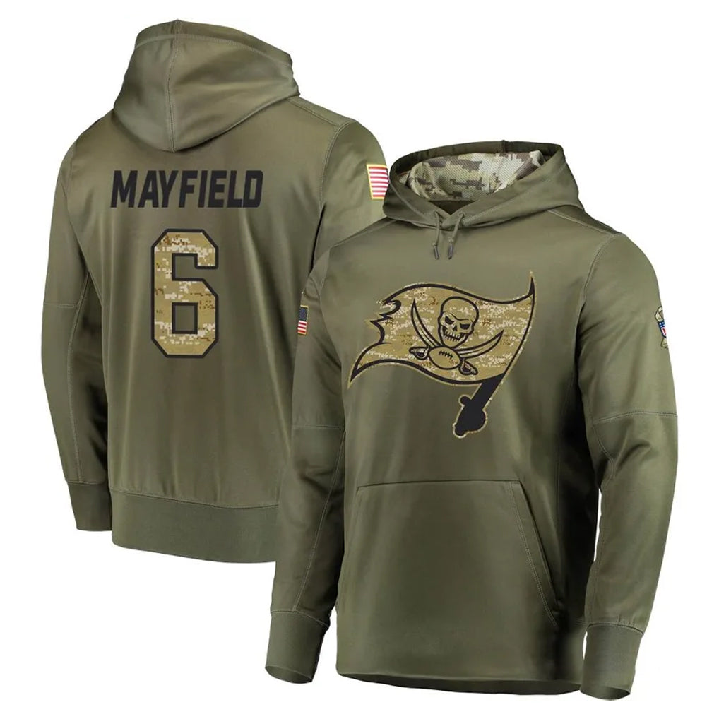 Tuec TB.Buccaneers #6 Baker Mayfield Player Olive Salute to Service Pullover Hoodie Home Game Stitched Jerseys