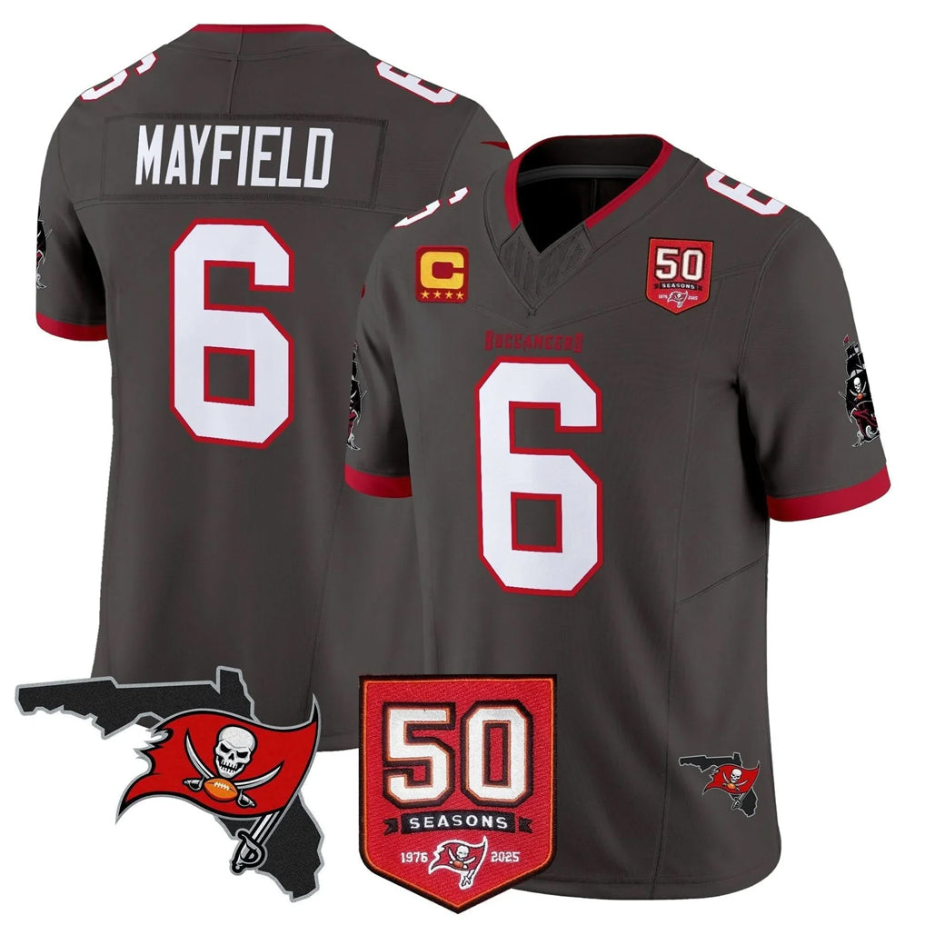 Tuec TB.Buccaneers #6 Baker Mayfield Player Pewter 50th Season Vapor Limited Home Game Stitched Jerseys