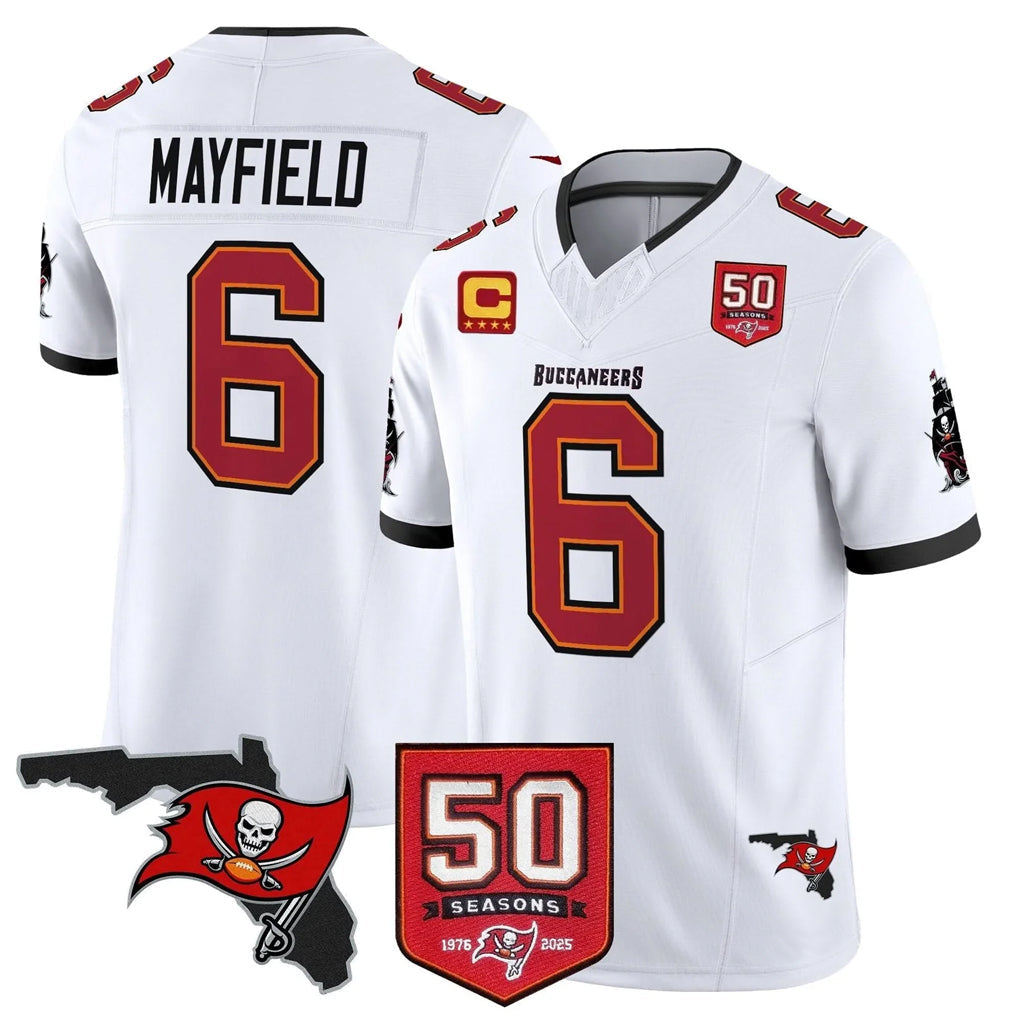 Tuec TB.Buccaneers #6 Baker Mayfield Player White 50th Season Vapor Limited Home Game Stitched Jerseys