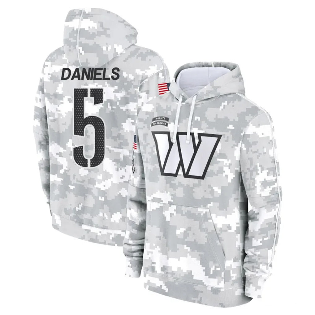 Tuec W.Commanders #5 Jayden Daniels Player Arctic Camo Limited Salute to Service Pullover Hoodies Game Stitched Jerseys